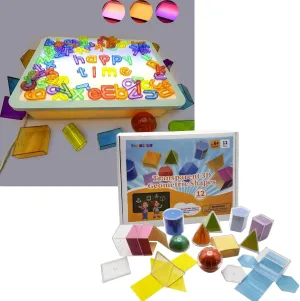STEM Learning Set | 3D Geometric Shapes & Kids Light Table for Creative Exploration (12 Geometric Shapes   Light Up Sensory Table with 3 Modes)