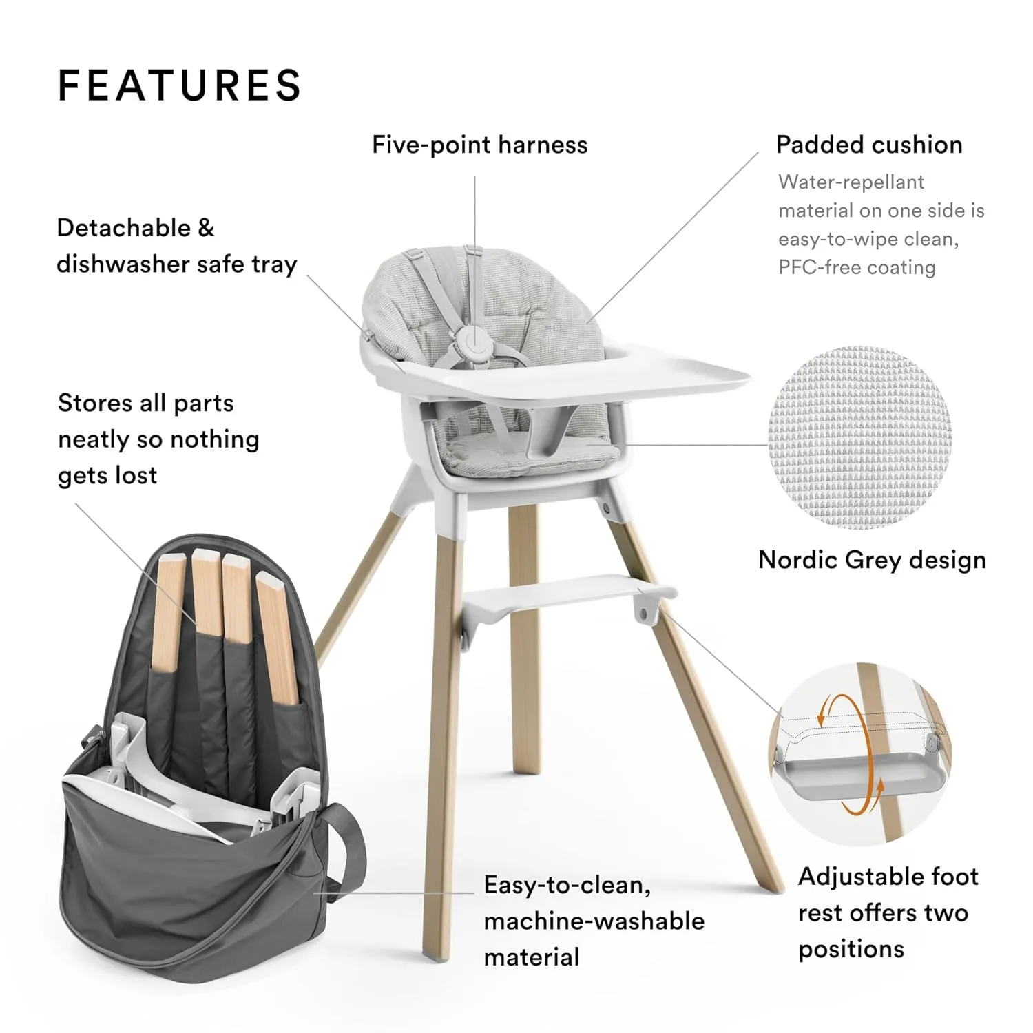 Stokke Clikk High Chair (White) with Clikk Cushion (Nordic Grey)   Travel Bag - Includes Tray & Harness - Light, Durable & Travel Friendly - Best for 6-36 Months or Up to 33 lbs