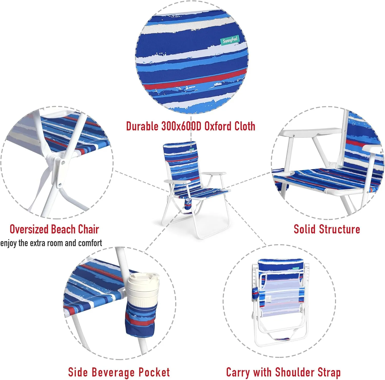 SunnyFeel 15" Tall Folding Beach Chair for Adults 2 Pack, Oversized Portable High Seat Sand Chair Heavy Duty 300 LBS, Foldable Camping Lawn Chairs for Camp/Outdoor/Travel/Picnic/Concert/Sports