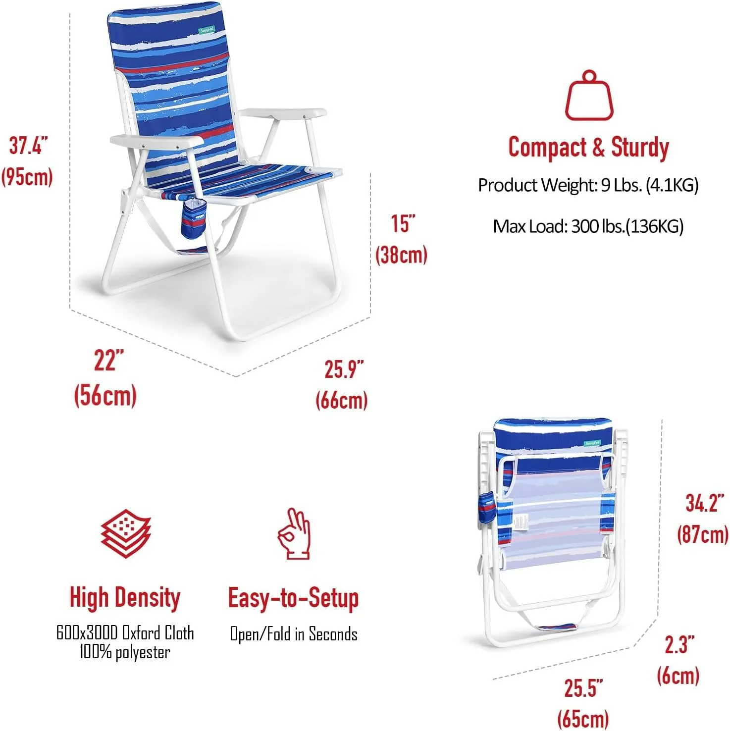 SunnyFeel 15" Tall Folding Beach Chair for Adults 2 Pack, Oversized Portable High Seat Sand Chair Heavy Duty 300 LBS, Foldable Camping Lawn Chairs for Camp/Outdoor/Travel/Picnic/Concert/Sports