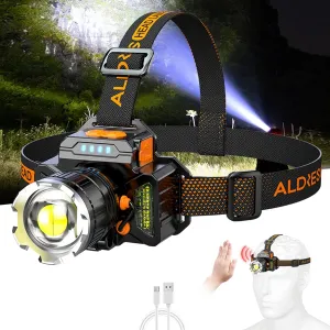 Super Bright Headlamp,High Power Lumen Headlight, Zoom Lens Motion Sensor Spotlight,5 Modes USB Rechargeable Light,90° Adjustable Head Lamp for Outdoor Hunting Camping Fishing