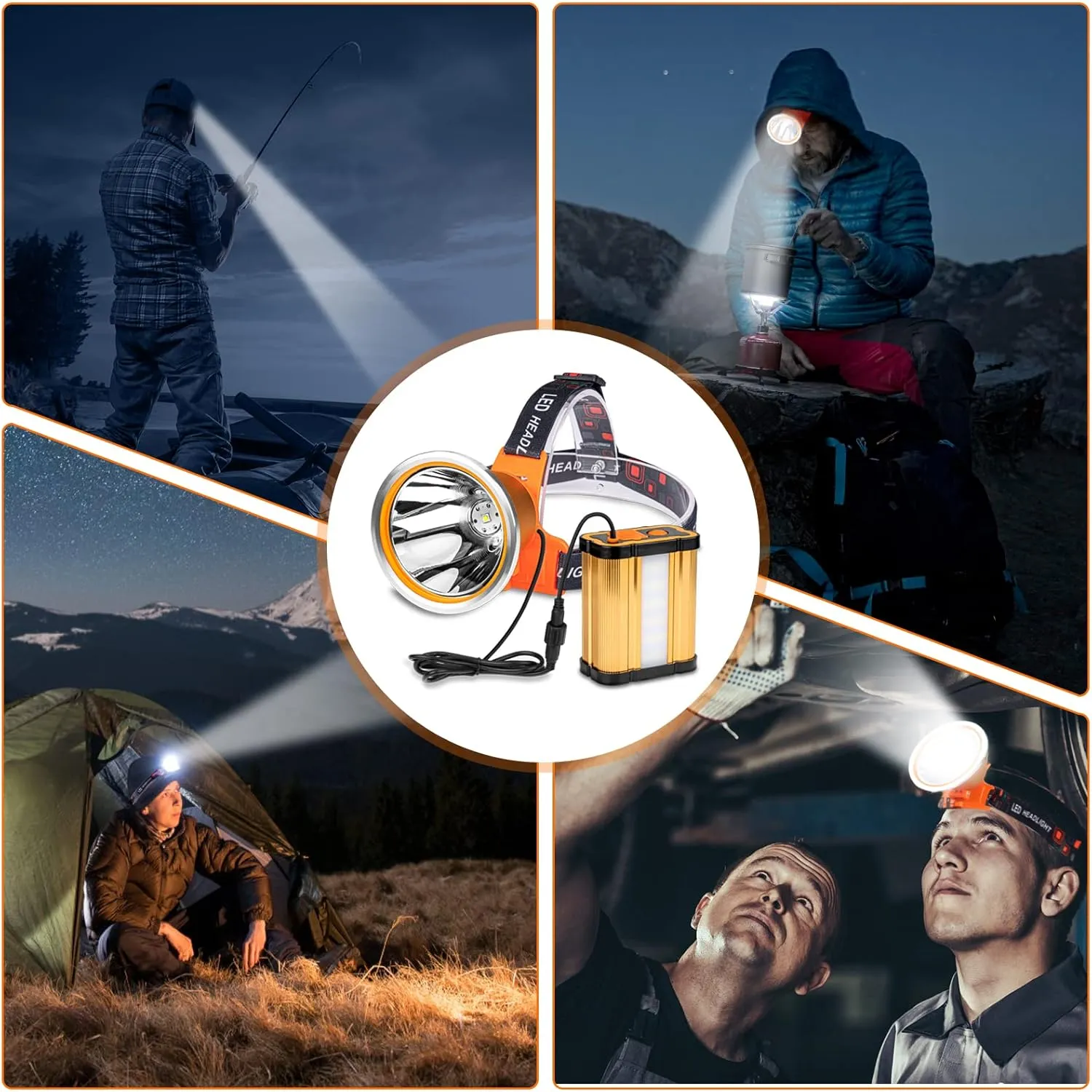 Superbright Bright Portable Rechargeable Headlight Powerful LED Headlamp Flashlight with 3 Light Modes External Battery Pack for Camping Biking Hunting Fishing (White Light)