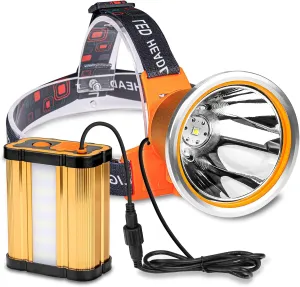 Superbright Bright Portable Rechargeable Headlight Powerful LED Headlamp Flashlight with 3 Light Modes External Battery Pack for Camping Biking Hunting Fishing (White Light)