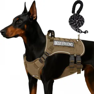 Tactical Dog Harness for Large Dogs,No Pull Adjustable Tactical Dog Harness and Leash Set,Reflective Dog Vest Harness for Training and Walking,Brown L