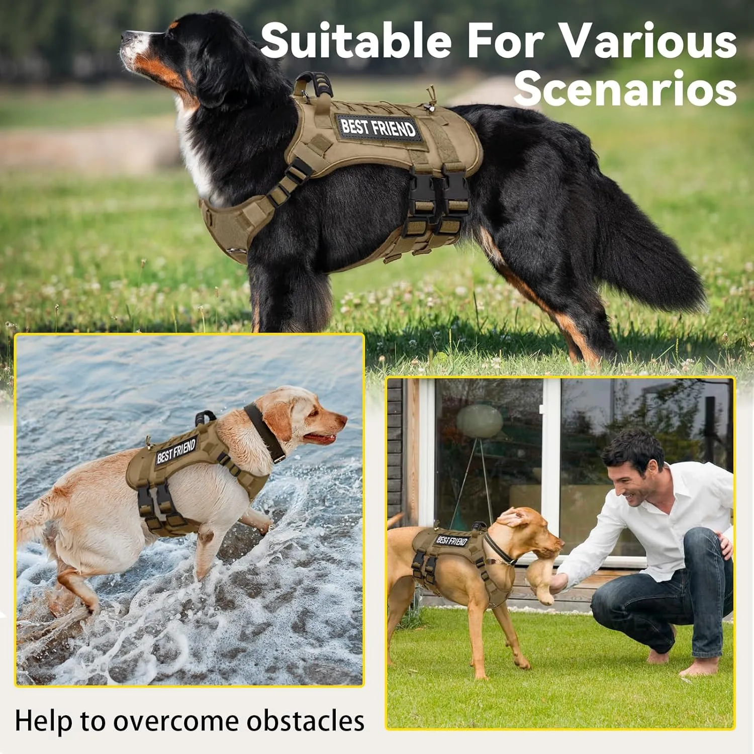 Tactical Dog Harness for Large Dogs,No Pull Adjustable Tactical Dog Harness and Leash Set,Reflective Dog Vest Harness for Training and Walking,Brown L