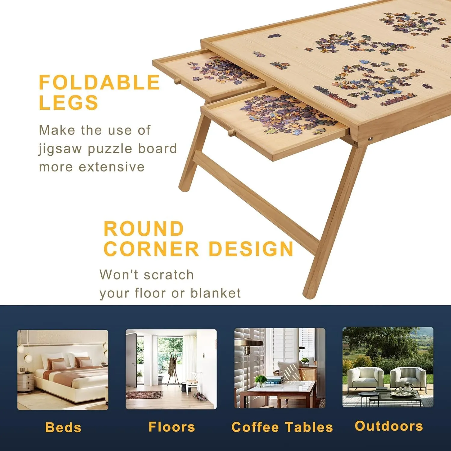 TEAKMAMA 1500 Piece Wooden Jigsaw Puzzle Board with 4 Drawers, Folding Puzzle Table with Protective Cover, Jigsaw Board with Legs, Multifunctional Game Table for Adults, 34W x 26.3D, Natural