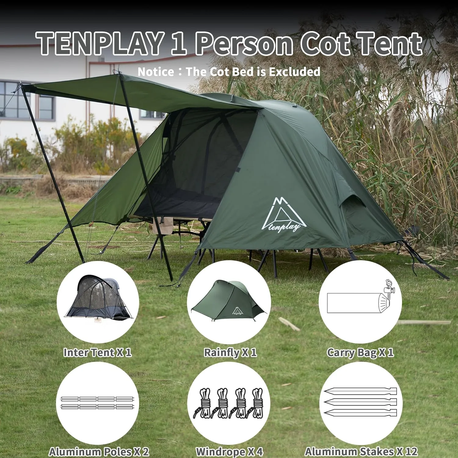 TENPLAY Cot Tent,Camping Tent,Backpacking Tent,3 Way Tent,Solo Tent,1 Person,Quick Setup,70D Nylon,pu5000mm,UV Cut,7001 Aluminium,Ultralight,Compact,Outerdoor,Hiking,Travel,Mountaineering