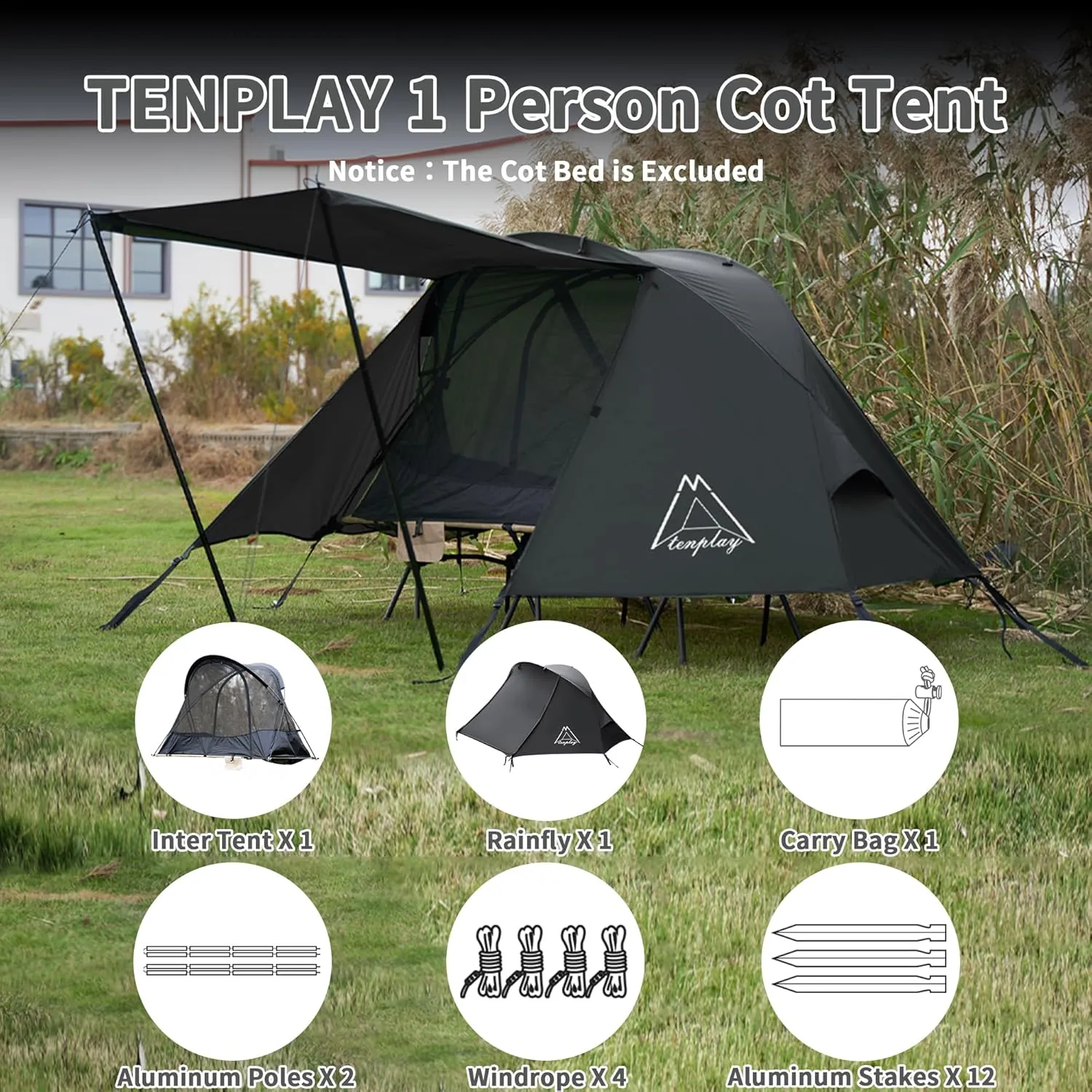 TENPLAY Cot Tent,Camping Tent,Backpacking Tent,3 Way Tent,Solo Tent,1 Person,Quick Setup,70D Nylon,pu5000mm,UV Cut,7001 Aluminium,Ultralight,Compact,Outerdoor,Hiking,Travel,Mountaineering