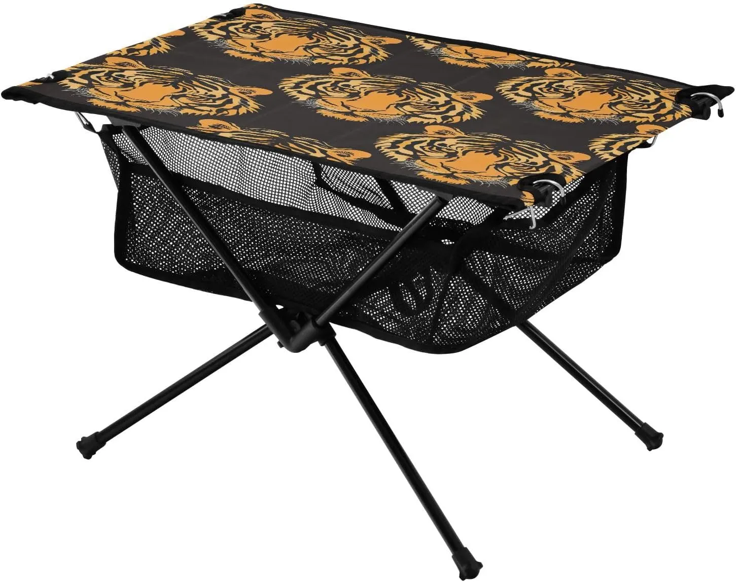 Tiger Pattern Black Portable Folding Camping Table, Compact Lightweight Beach Table with Carrying Bag for Outdoor Picnics, BBQs, Camp