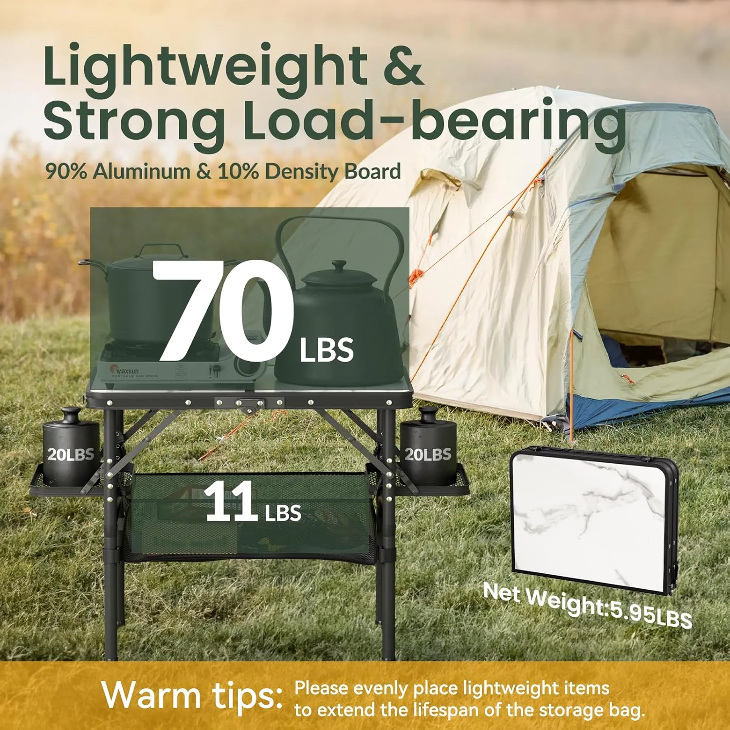 Titanker Small Camp Table 2ft with Storage Bag & Side Racks, Folding Camping Table Portable, Picnic & Beach Table, Car Camping Essentials, Aluminum Light & Solid