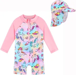 Toddler Girls One Piece Rash Guard Swimsuit Kid Swimwear Sun Suit Short UPF 50  Sun Protection with Sun Hat