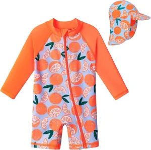 Toddler Girls One Piece Rash Guard Swimsuit Kid Swimwear Sun Suit Short UPF 50  Sun Protection with Sun Hat