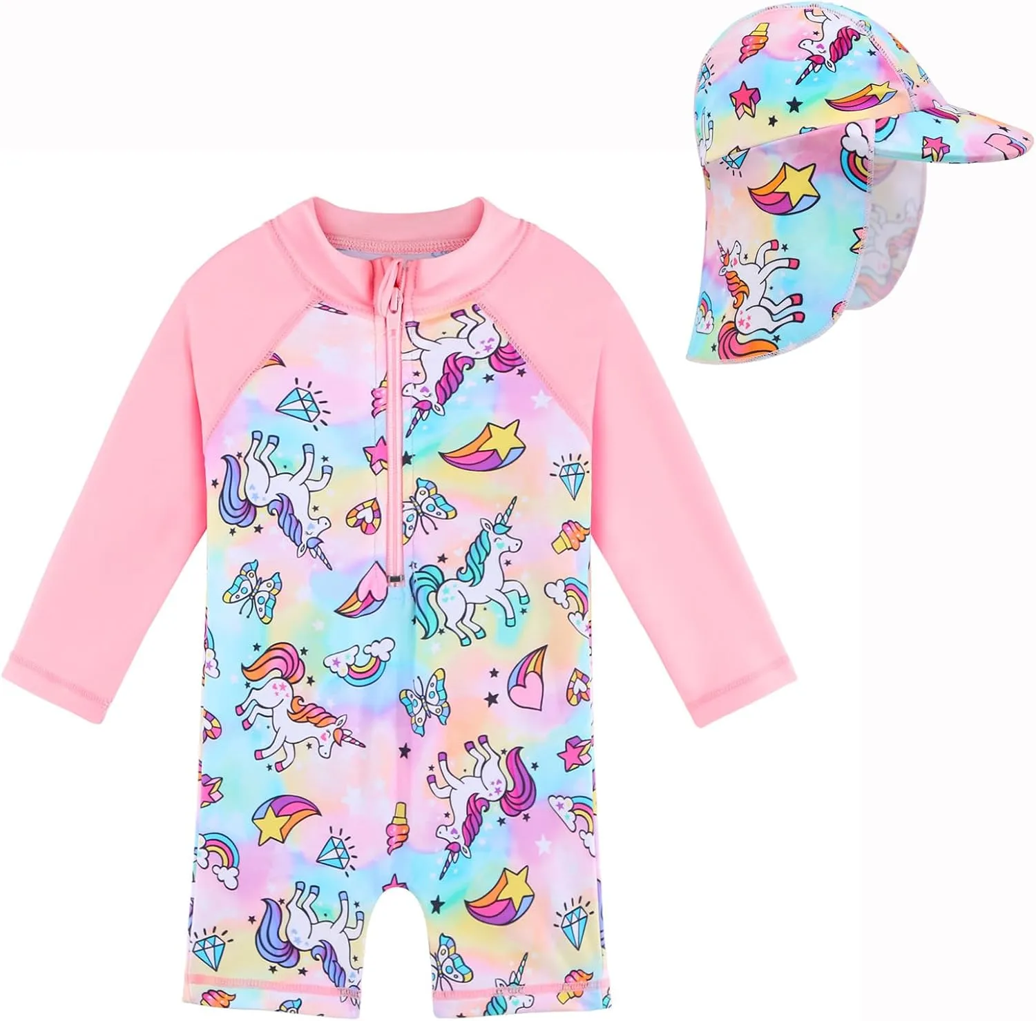 Toddler Girls One Piece Rash Guard Swimsuit Kid Swimwear Sun Suit Short UPF 50  Sun Protection with Sun Hat