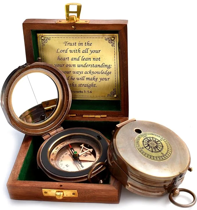 Trust in The Lord with All Your Heart -Proverbs 3: 5-6 Quote Engraved Compass with Wooden Box, Greeting card, Gift Compass, Graduation Day Gifts 2024 Compass for Women Mens Boy Girls