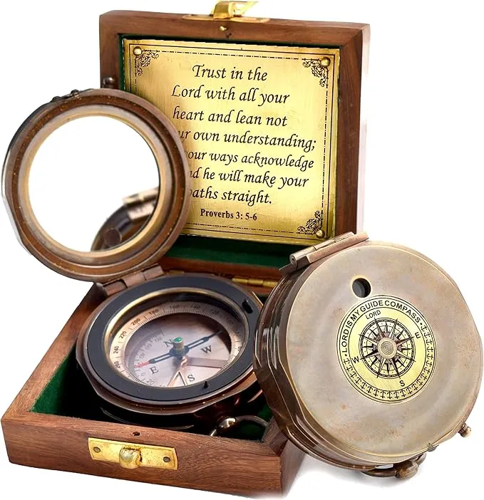 Trust in The Lord with All Your Heart -Proverbs 3: 5-6 Quote Engraved Compass with Wooden Box, Greeting card, Gift Compass, Graduation Day Gifts 2024 Compass for Women Mens Boy Girls