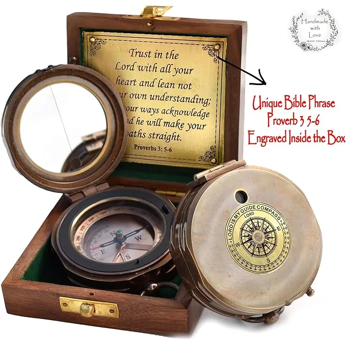Trust in The Lord with All Your Heart -Proverbs 3: 5-6 Quote Engraved Compass with Wooden Box, Greeting card, Gift Compass, Graduation Day Gifts 2024 Compass for Women Mens Boy Girls