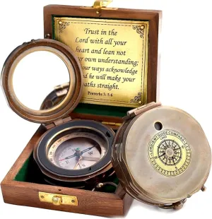 Trust in The Lord with All Your Heart -Proverbs 3: 5-6 Quote Engraved Compass with Wooden Box, Greeting card, Gift Compass, Graduation Day Gifts 2024 Compass for Women Mens Boy Girls