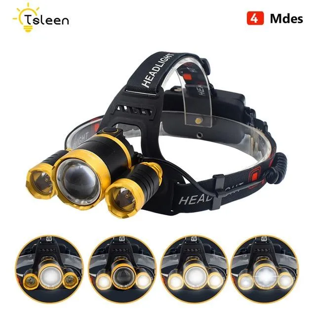 TSLEEN Waterproof LED Cree 3*T6 Headlamp Head Lamp lighting Light Flashlight Torch Lantern Fishing Headlight  2Pcs 18650 battery
