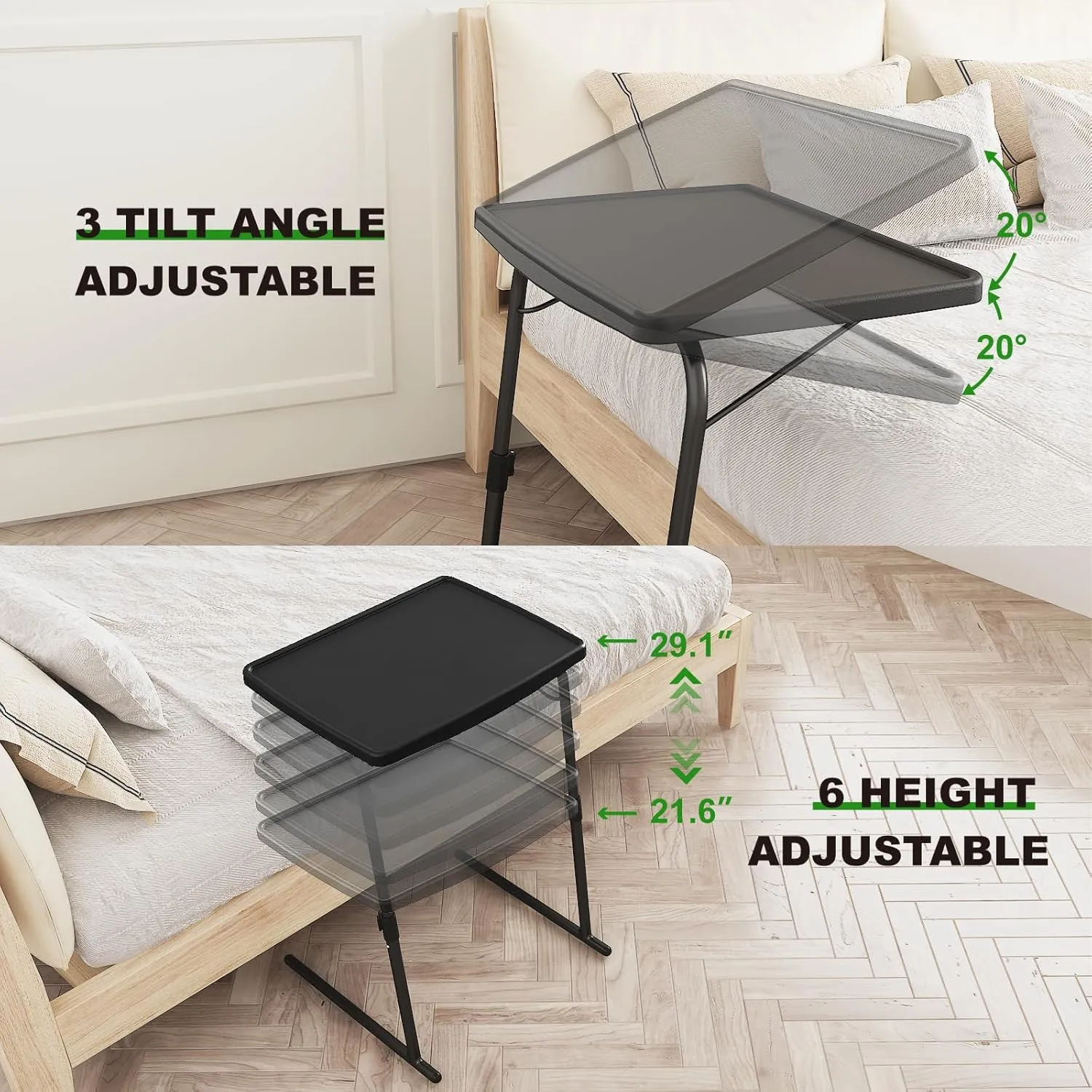 TV Tray Table, Max Folding TV Dinner Tray w/6 Height & 3 Tilt Angle, Adjustable TV Trays for Eating on Couch, Large Size Foldable Couch Laptop Table, Black, 16.9 x 22 x 29.1inch, 110lbs