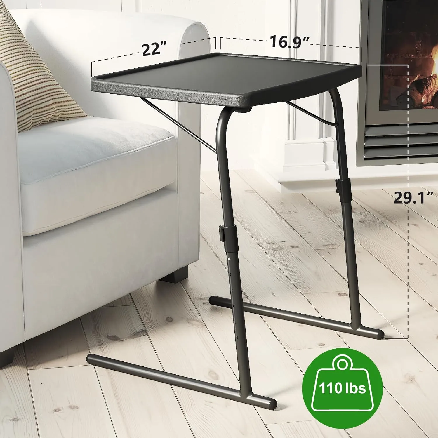 TV Tray Table, Max Folding TV Dinner Tray w/6 Height & 3 Tilt Angle, Adjustable TV Trays for Eating on Couch, Large Size Foldable Couch Laptop Table, Black, 16.9 x 22 x 29.1inch, 110lbs