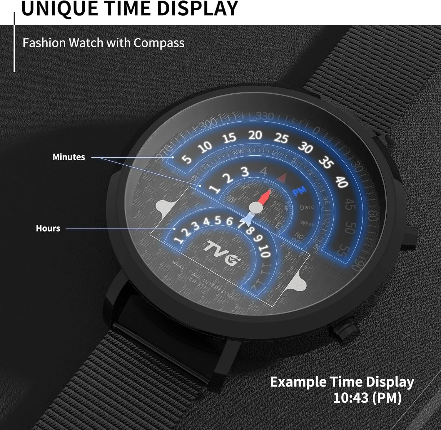 TVG Men's Watch, Multifunctional Outdoor Sports Watch with Compass and 50m Waterproof, Scratch-Resistant Mirror, Suitable for Hiking and Camping