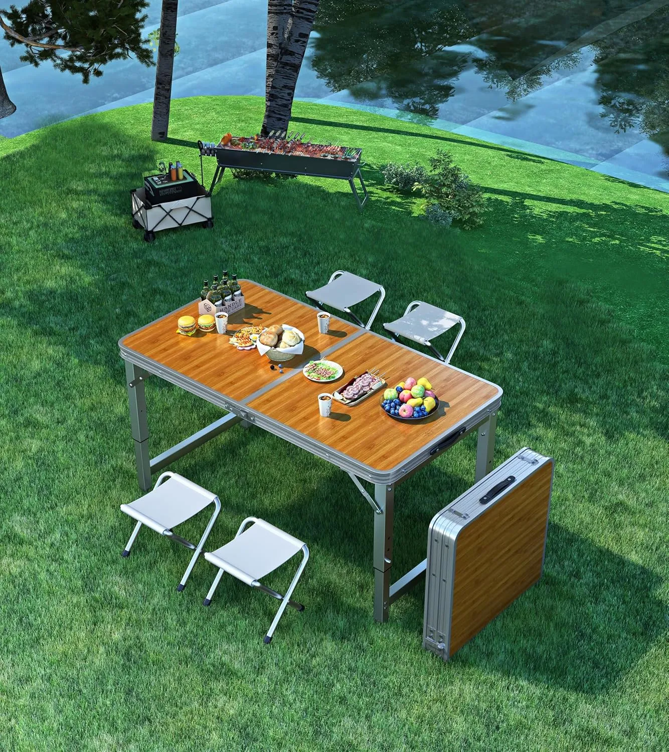 UNICOO® 4ft Portable and Foldable Indoor Outdoor Camping Table with 4 Chairs Set, Adjustable Height Dining Table, Multifunctional Folding Utility Camp Table for Camping and Parties (Honey Maple)