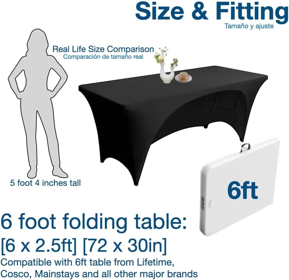 Urby Elastic Open Back Table Clothes for 6 Foot Rectangle Tables Fits 6ft Folding Tables from Lifetime, COSCO, Mainstays and Others. Heavy-Duty Stretchy Wrinkle Resistant Spandex. Black 4 Pack.