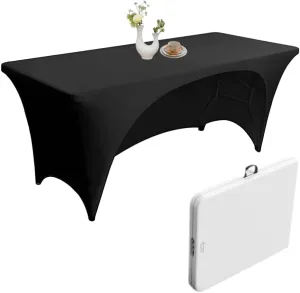 Urby Elastic Open Back Table Clothes for 6 Foot Rectangle Tables Fits 6ft Folding Tables from Lifetime, COSCO, Mainstays and Others. Heavy-Duty Stretchy Wrinkle Resistant Spandex. Black 4 Pack.