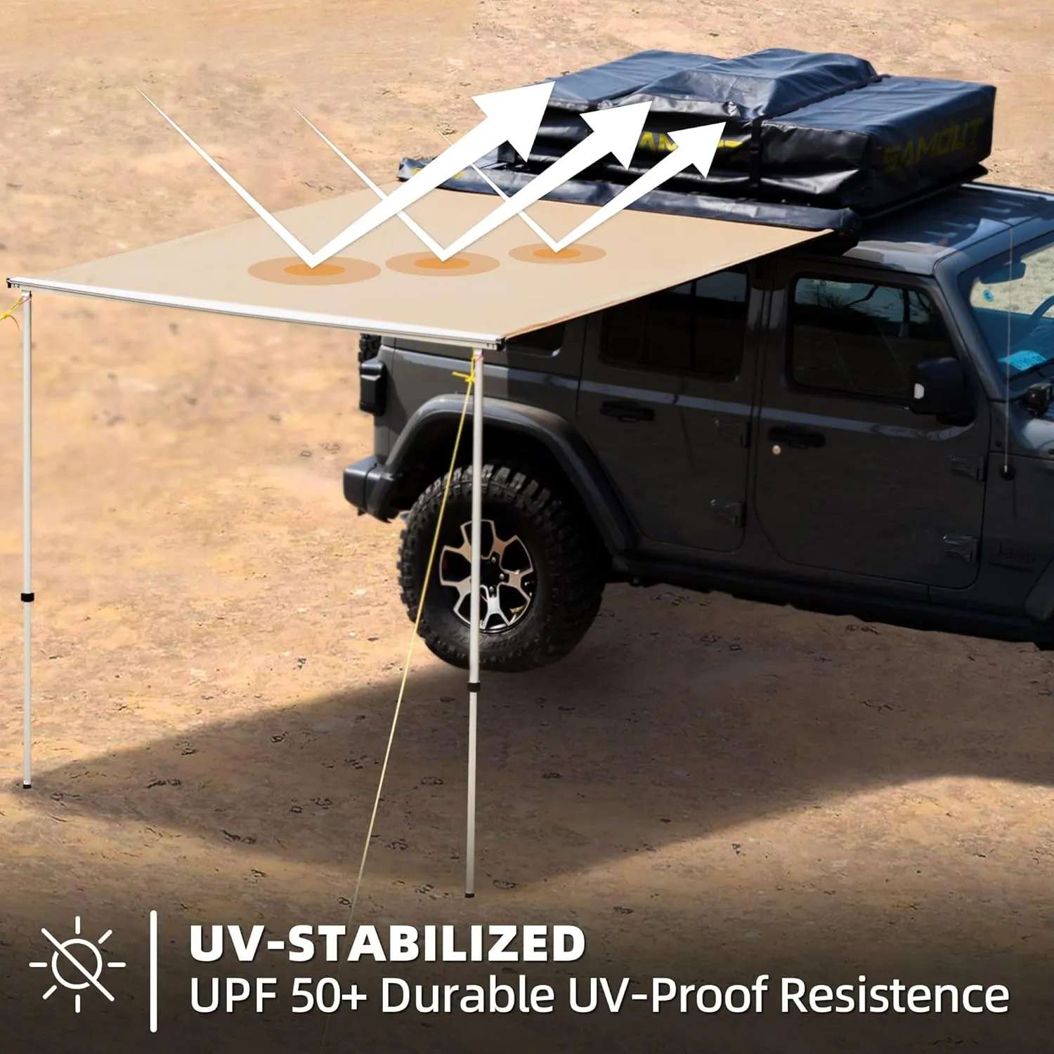 Vehicle Awning, 4.6ft x 6.6ft, Rooftop Pullout Ripstop UPF50  Side Awning, Reinforced Hinges & Poles for Jeep/SUV/Truck/Van