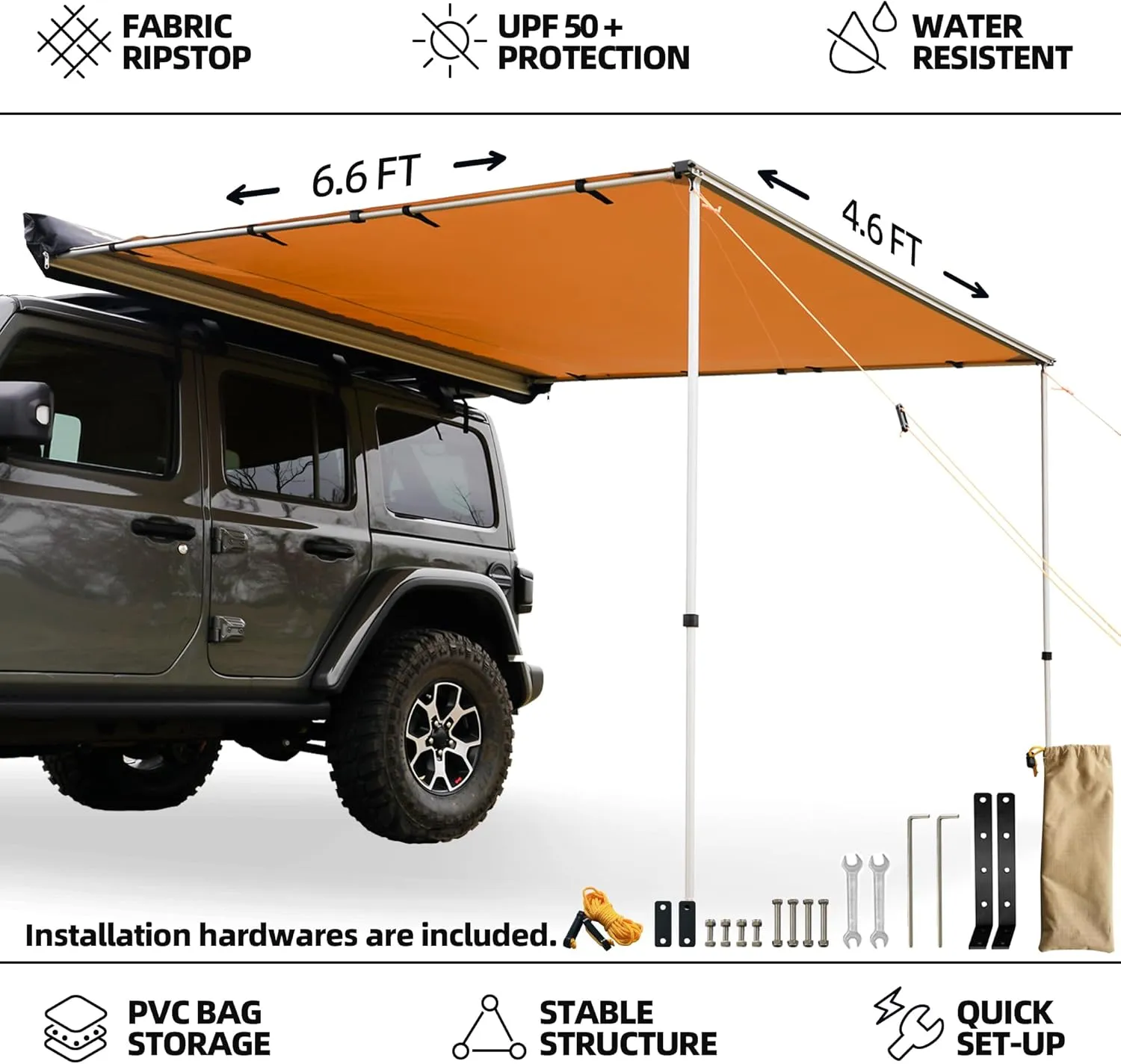 Vehicle Awning, 4.6ft x 6.6ft, Rooftop Pullout Ripstop UPF50  Side Awning, Reinforced Hinges & Poles for Jeep/SUV/Truck/Van