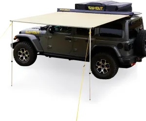 Vehicle Awning, 4.6ft x 8.2ft, Rooftop Pullout Ripstop UPF50  Side Awning, Reinforced Hinges & Poles for Jeep/SUV/Truck/Van