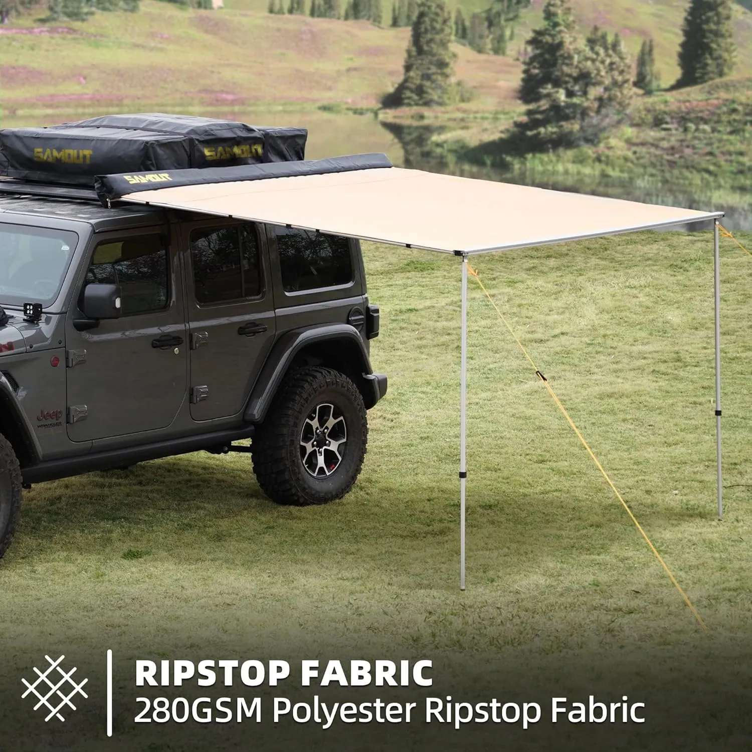 Vehicle Awning, 4.6ft x 8.2ft, Rooftop Pullout Ripstop UPF50  Side Awning, Reinforced Hinges & Poles for Jeep/SUV/Truck/Van