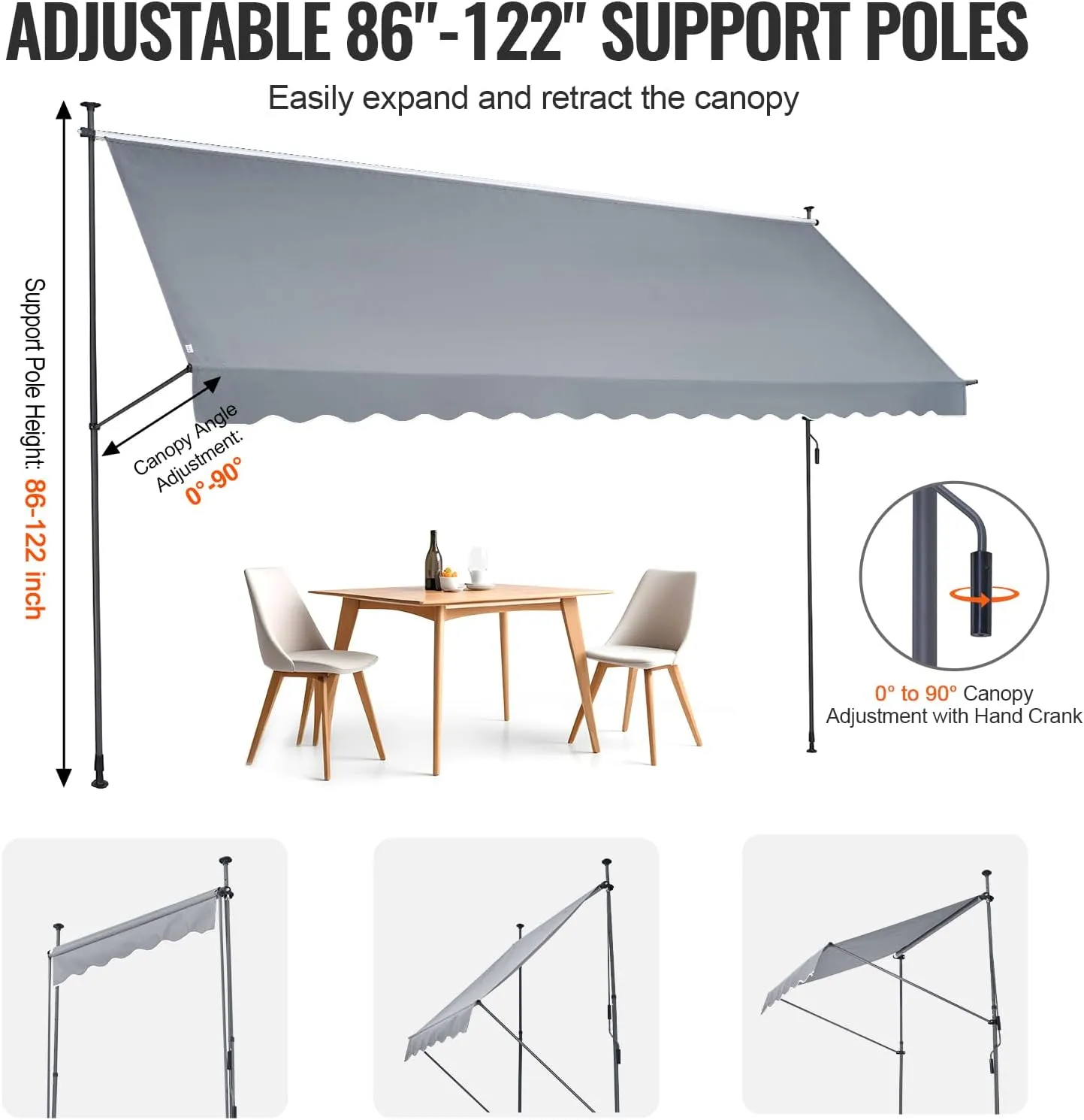 VEVOR 178" x 122" Patio Awning Retractable, Outdoor Retractable Patio Awning Sunshade Shelter, Adjustable Patio Door Window Awning Canopy with Manual Crank Handle for Backyard, Garden, Balcony