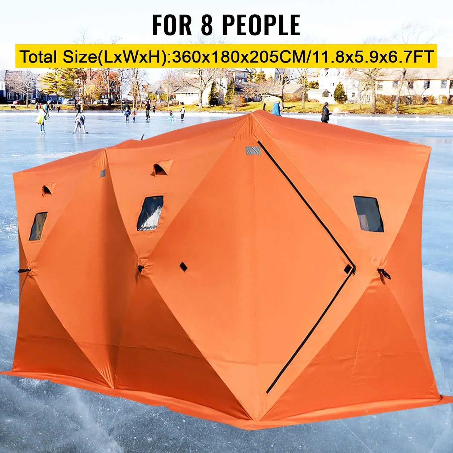 VEVOR Portable Pop-Up Tent, 1-8 Person Insulated Shelter, Large Fishing Area, Hub-Style Shanty for Winter Fishing, Waterproof Oxford Ice Cube with Anchors/Ropes/Carrying Bag