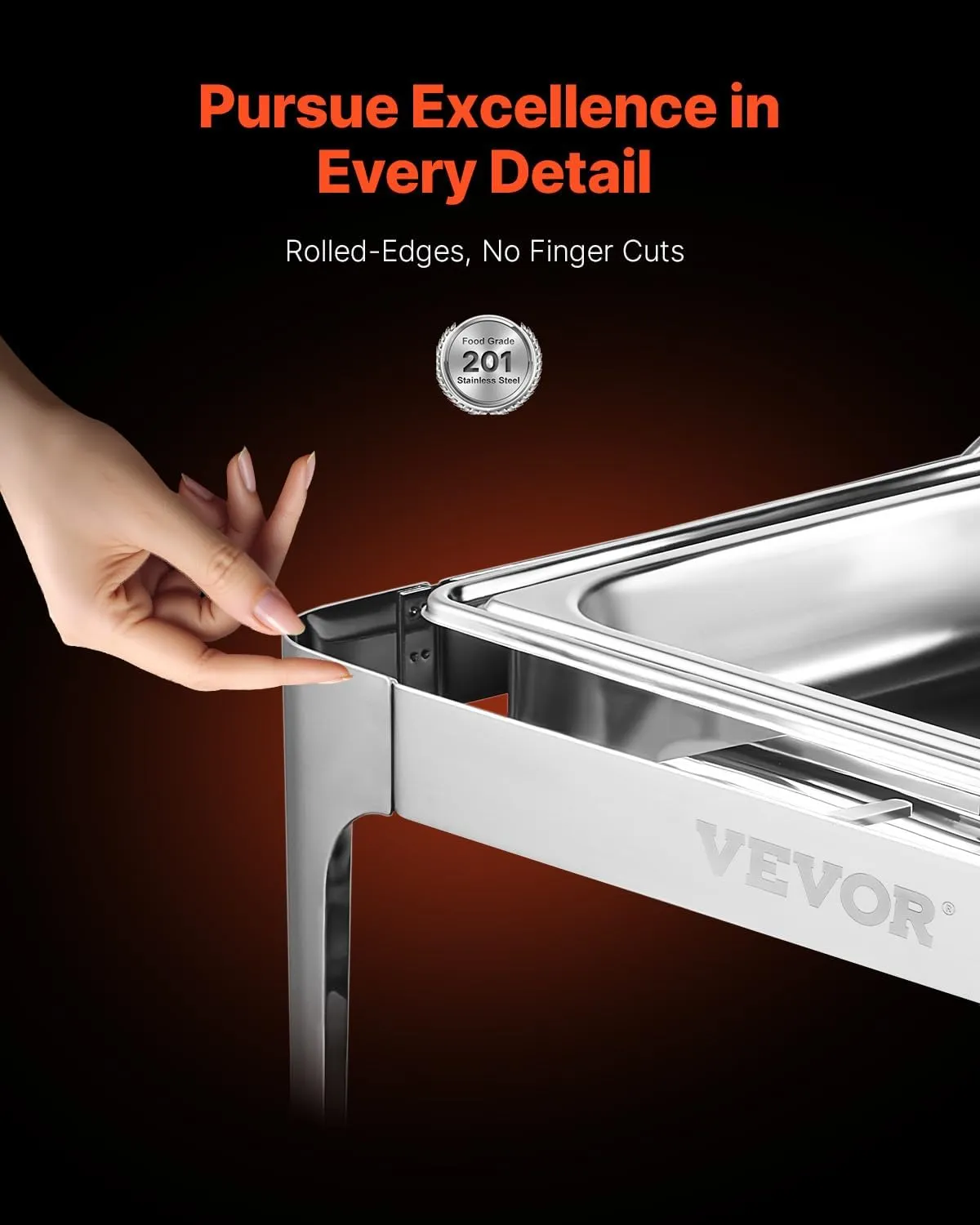 VEVOR Roll Top Chafing Dish Buffet Complete Set, 9Qt Stainless Steel Chafer with Full Size Pan, Rectangle Catering Warmer Server with Lid Water Pan Folding Stand Fuel Holder Meal Clip, Silver