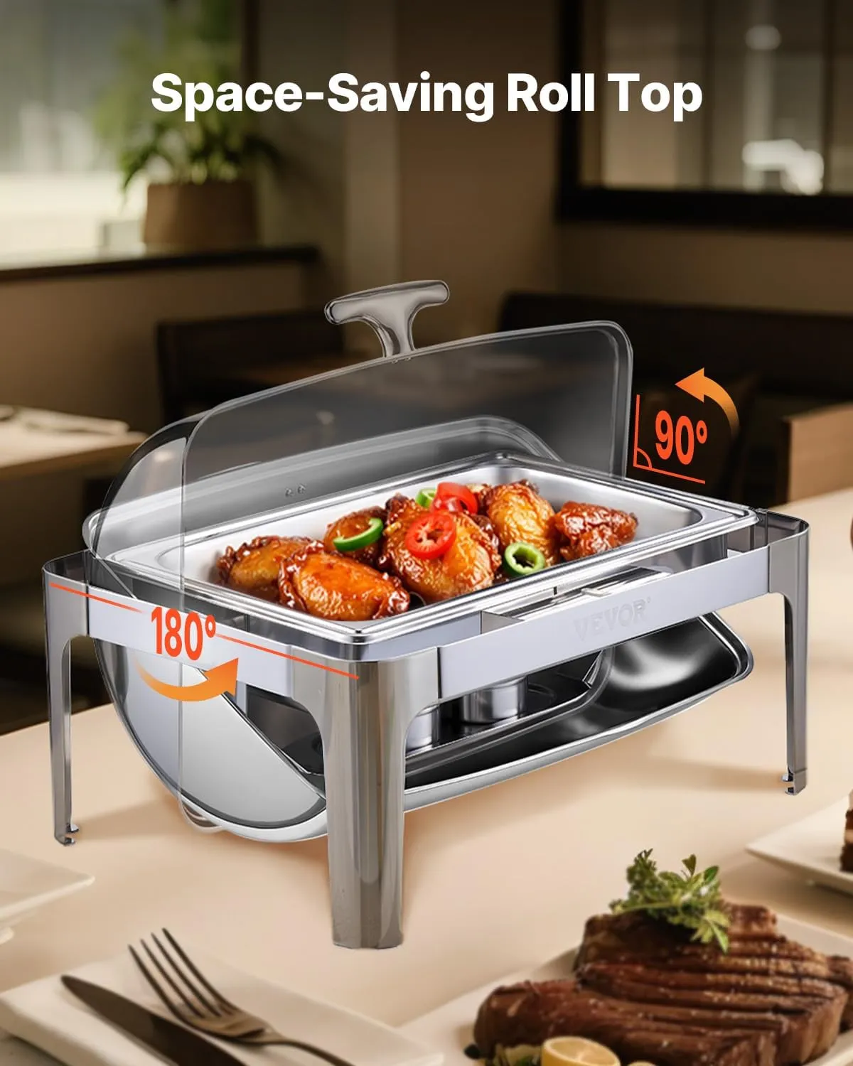 VEVOR Roll Top Chafing Dish Buffet Complete Set, 9Qt Stainless Steel Chafer with Full Size Pan, Rectangle Catering Warmer Server with Lid Water Pan Folding Stand Fuel Holder Meal Clip, Silver