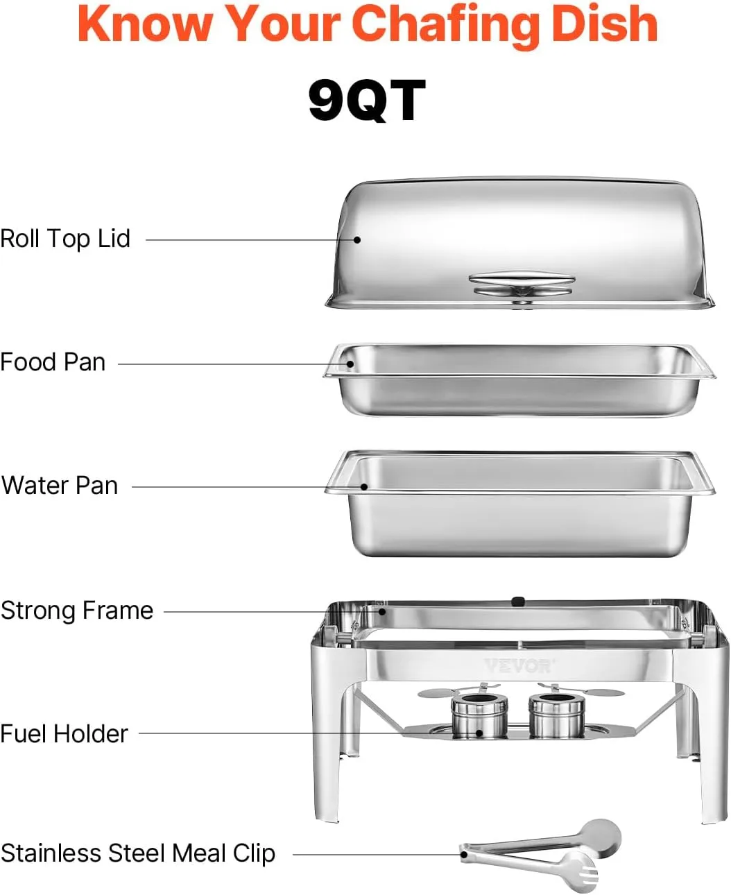 VEVOR Roll Top Chafing Dish Buffet Complete Set, 9Qt Stainless Steel Chafer with Full Size Pan, Rectangle Catering Warmer Server with Lid Water Pan Folding Stand Fuel Holder Meal Clip, Silver