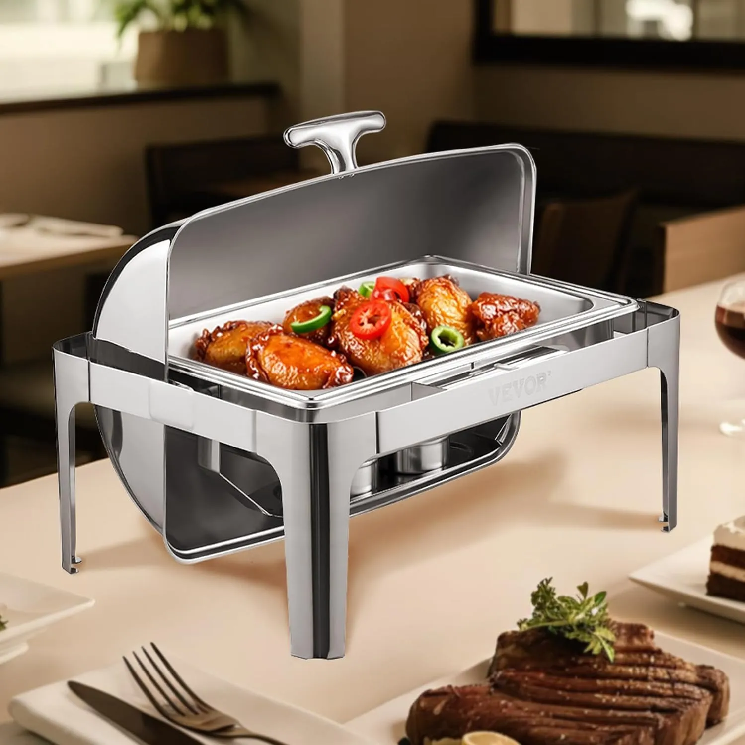 VEVOR Roll Top Chafing Dish Buffet Complete Set, 9Qt Stainless Steel Chafer with Full Size Pan, Rectangle Catering Warmer Server with Lid Water Pan Folding Stand Fuel Holder Meal Clip, Silver