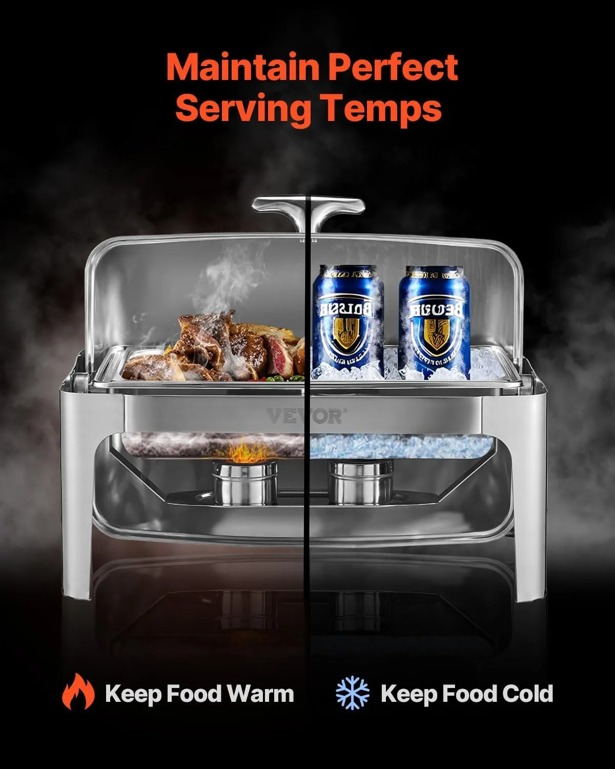 VEVOR Roll Top Chafing Dish Buffet Complete Set, 9Qt Stainless Steel Chafer with Full Size Pan, Rectangle Catering Warmer Server with Lid Water Pan Folding Stand Fuel Holder Meal Clip, Silver