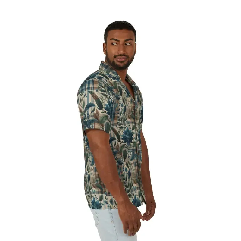Vibrant Men Floral Plaid Hawaiian Camp Shirt