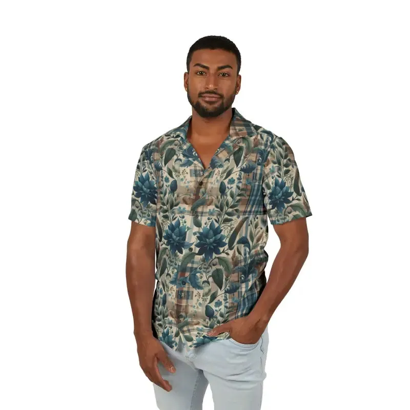 Vibrant Men Floral Plaid Hawaiian Camp Shirt