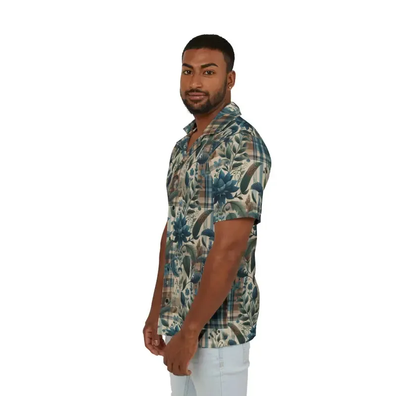 Vibrant Men Floral Plaid Hawaiian Camp Shirt