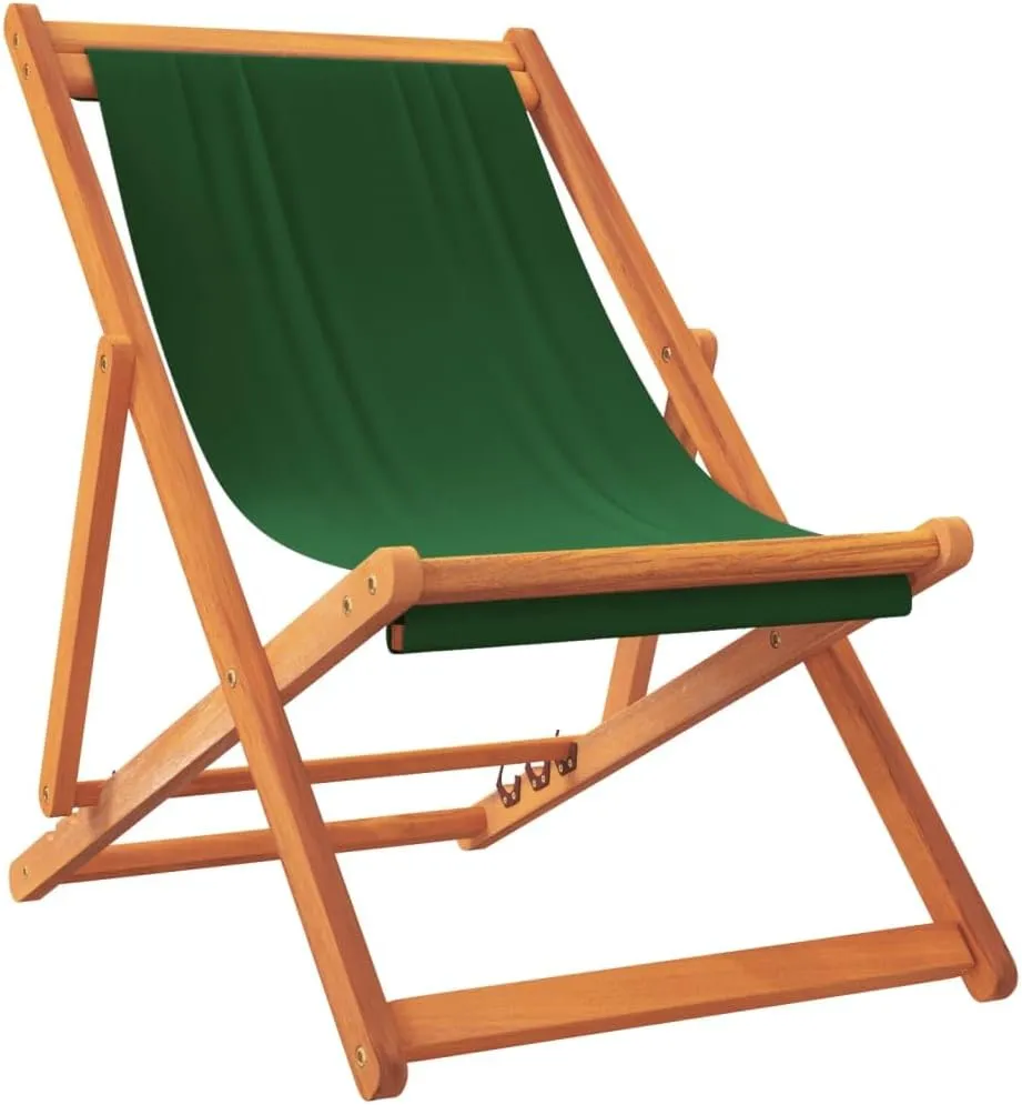 vidaXL Folding Beach Chairs - Green Fabric Outdoor Patio Seating, 3-Position Adjustable Recliners, Eucalyptus Wood Frame, Pack of 2