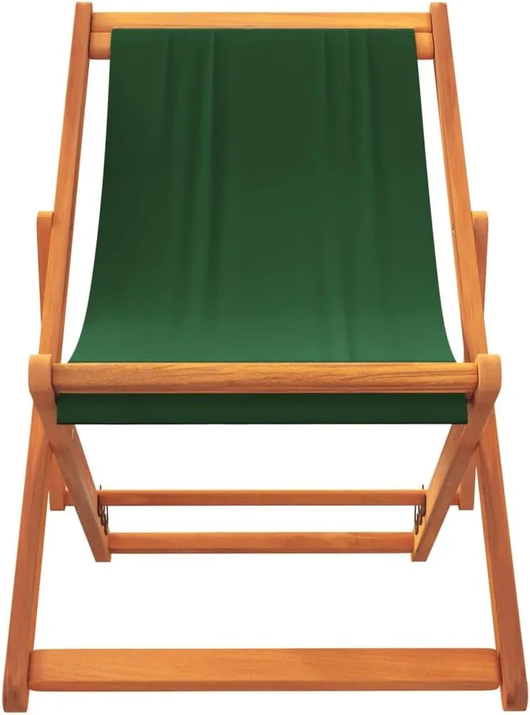 vidaXL Folding Beach Chairs - Green Fabric Outdoor Patio Seating, 3-Position Adjustable Recliners, Eucalyptus Wood Frame, Pack of 2