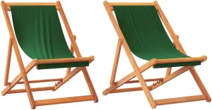 vidaXL Folding Beach Chairs - Green Fabric Outdoor Patio Seating, 3-Position Adjustable Recliners, Eucalyptus Wood Frame, Pack of 2