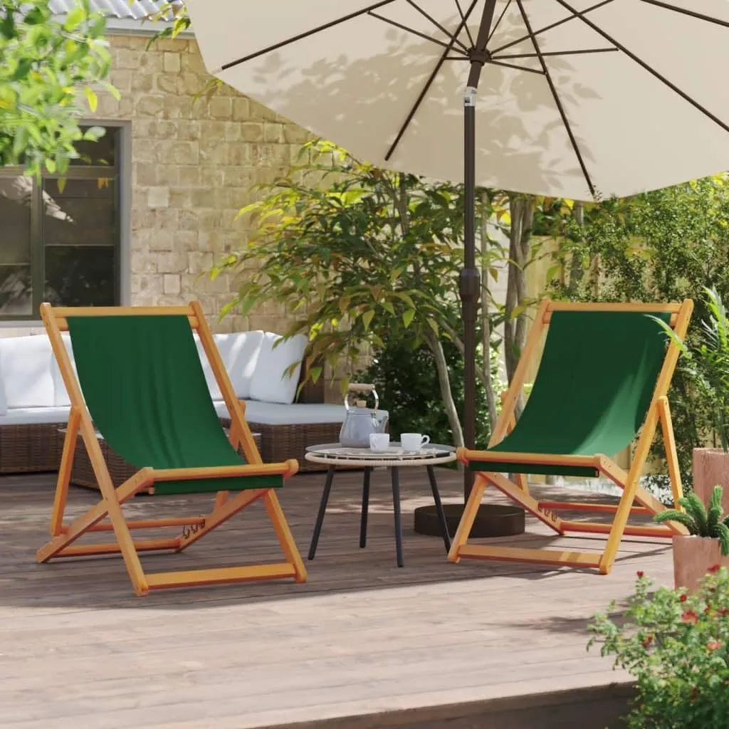 vidaXL Folding Beach Chairs - Green Fabric Outdoor Patio Seating, 3-Position Adjustable Recliners, Eucalyptus Wood Frame, Pack of 2