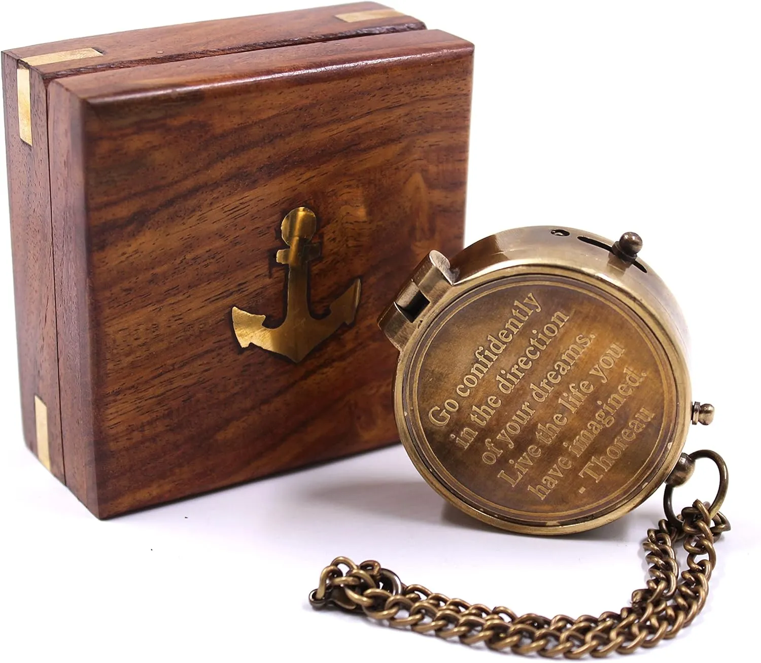Vintage Brass Compass with Engraved Quote – “Go Confidently in The Direction of Your Dreams” – Nautical Compass with Chain & Rosewood Box – Graduation, Retirement Gift for Him or Her
