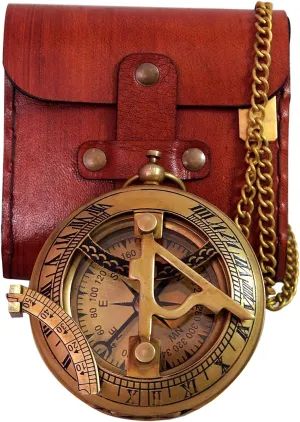 Vintage Brass Sundial Compass with Leather Case - Antique Brass & Copper Sun Clock for Camping, Hiking, Touring - Engraved Gift for Him - Nautical Ship Replica Watch - Sundial Clock in Box