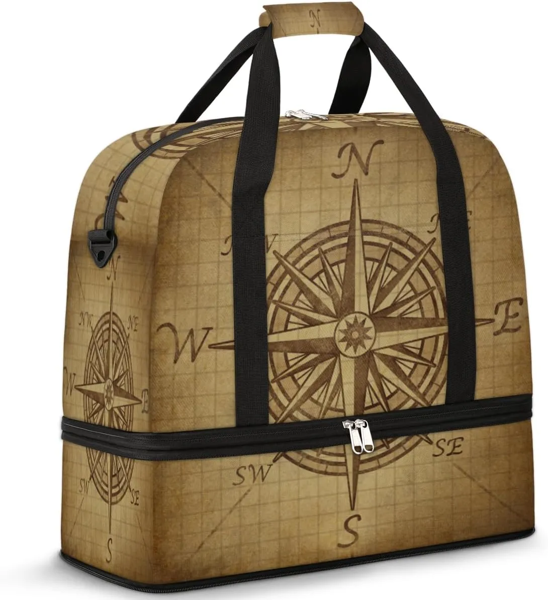 Vintage Compass Travel Duffle Bag, Large Sports Gym Bag with Shoe Compartment, Waterproof Carry on Tote Bag, Foldable Weekender Overnight Bag for Women Men