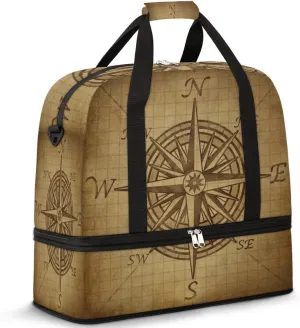 Vintage Compass Travel Duffle Bag, Large Sports Gym Bag with Shoe Compartment, Waterproof Carry on Tote Bag, Foldable Weekender Overnight Bag for Women Men